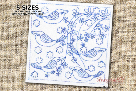 Abstract Bird Pattern Redwork Review for Apparel Design